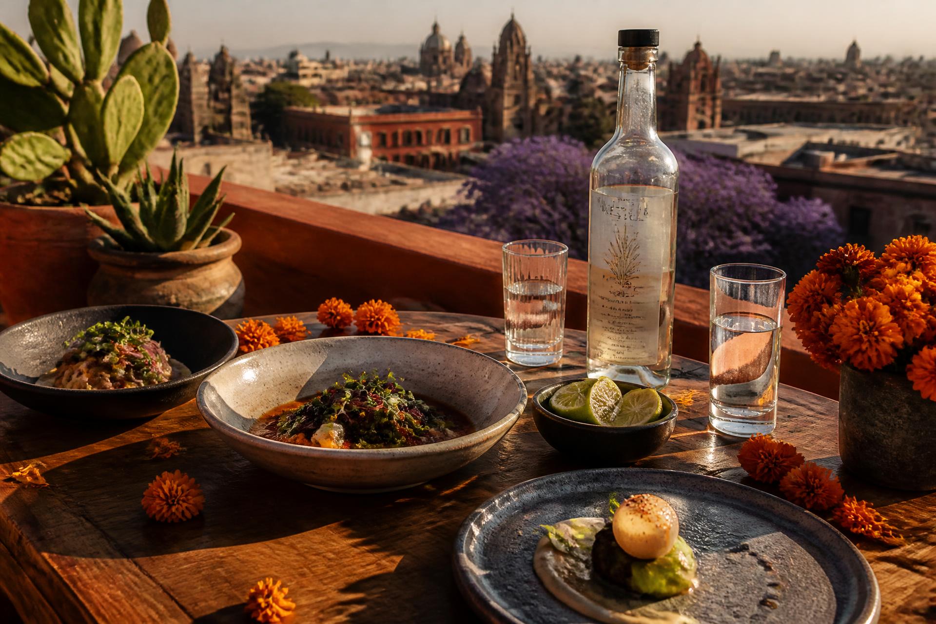 A rooftop dining scene overlooking Mexico City at golden hour